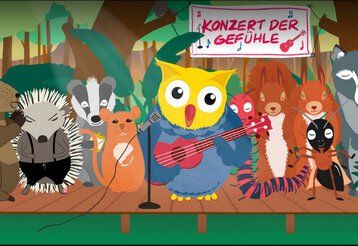Gruppenbild mit allen Tieren aus "Eule findet den Beat – mit Gefühl".