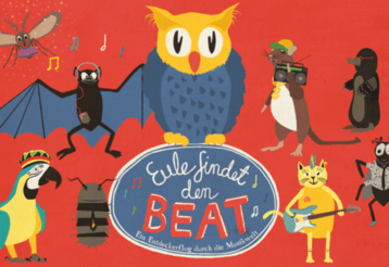 Eine gezeichnete Eule und andere Waldtiere mit dem Logo des Stücks „Eule findet den Beat“.