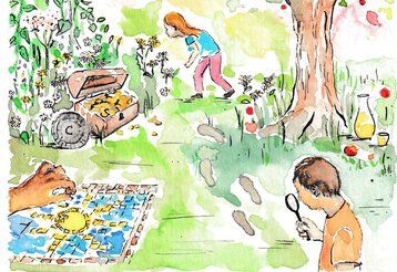 Aquarellzeichnung spielender Kinder in der Natur