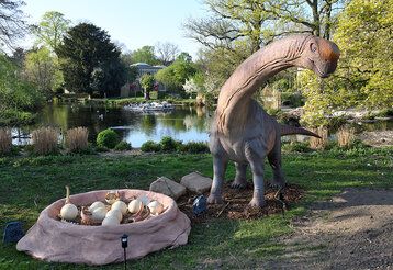 Eine Dinoskulptur samt Nest mit Eiern steht am See im Kölner Zoo