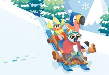 Illustration, Lemur Katta fährt mit einem Flamingo und einem anderen Tier auf einem Schlitten den Berg runter