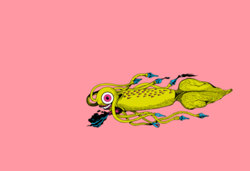 Zeichnung eines lächelnden Kalmars vor rosa Hintergrund