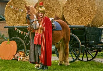 St. Martin mit seinem Pferd vor einer Heukutsche