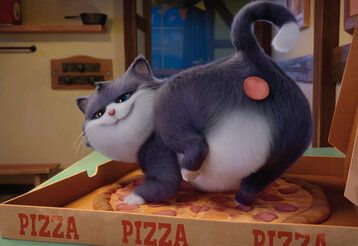 Animationsfilm, Katze sitzt auf einer Pizza, die im Pizzakarton liegt, an ihrem Popo klebt eine Salamischeibe