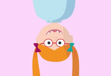 Vector-Illustration eines Mädchens, das kopfüber im Bild hängt, Hintergrund rosa