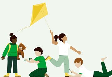 Vektor-Illustration von Kindern, ein Mädchen steht mit einem Teddy im Arm herum, ein Junge spielt mit Bausteinen, ein Mädchen läuft mit einem Drachen, ein Junge liegt und schaut aufs Smartphone