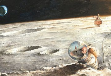 Illustration aus dem Buch: Armstrong wenn eine Maus zum Mond fliegt, Maus im Astronautenanzug auf dem Mond