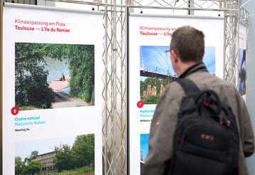 Ausstellung Klimaanpassung am Fluss, Mann steht vor Stellwand und betrachtet Fotoausstellung