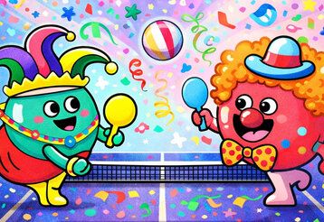 Illustration von zwei karnevalistisch verkleideten Tischtennisschlägern, die Ping-Pong spielen