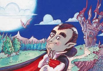 Illustration eines Vampirs vor einer nächtlichen Landschaft mit Burg, er sieht aus, als würde er überlegen
