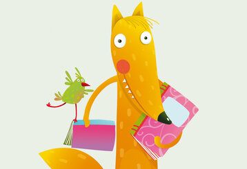 Vektorillustration von einem Fuchs, der zwei Bücher trägt, auf dem einen sitzt ein Vogel