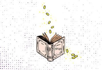 Illustration eines Buches, aus dem Goldtaler fliegen