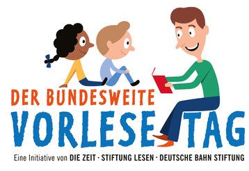 Illustration, Mann liest zwei Kindern aus einem Buch vor, die Figuren sitzen auf dem Schriftzug des Vorlesetags