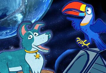 Illustration eines Hundes und eines Tukans im Weltraum