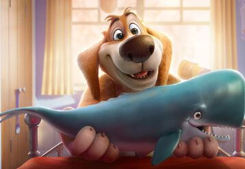 Szene aus dem Animationsfilm Charlie der Superhund,  ein Hund hält einen lachenden Wal in den Armen