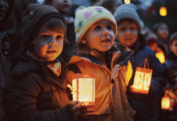Kleine Kinder feiern mit ihren leuchtenden Laternen St. Martin.