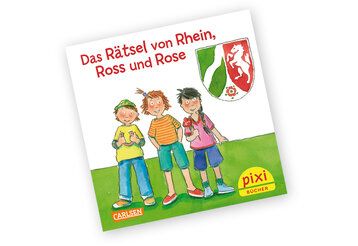Cover des Pixiebuches Das Rätsel von Rhein, Ross und Rose, Illustration von drei Kindern und das Logo von NRW