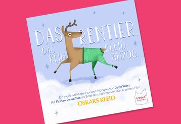 Rentier, das Pullover als Hose trägt, Cover des Hörspiels Das Rentier, das kein Kleid anzog, auf rotem Untergrund