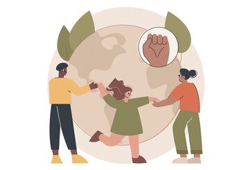 Illustration Eltern und Kind vor Globus, geballte Faust und Blätter