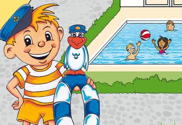 Illustration von Denni Düssel, der vor einem Schwimmbecken steht, einen Schwimmreifen in der Hand hält, auf dem ein Wasservogel sitzt