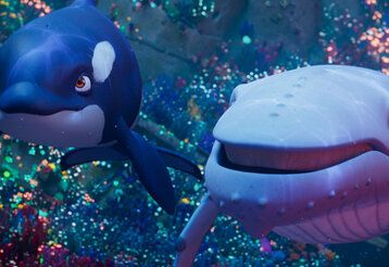 Szene aus dem Animationsfilm Der letzte walsänger, zwei Wale unter Wasser