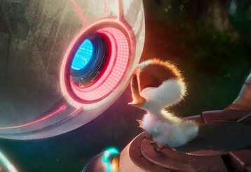Animationsfilm, kleine Ente sitzt vor Roboter