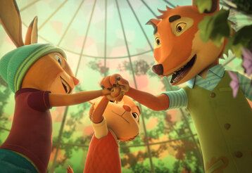 Animationsfilm, zwei Hasen und ein Fuchs halten sich an den Händen und besiegeln etwas, im Hintergrund ein Gewächshaus