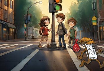 Illustration, frei Kinder stehen an einer Ampel, eine Mundharmonika mit einer Mütze und einem Wandersäckchen läuft vorbei