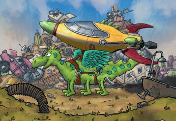 Illustration eines Drachens, der ein Raumschiff auf dem Rücken trägt, im Hintergrund Schrott