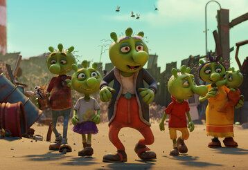 Animationsfilm, Die Olchi-Eltern laufen mit ihren Kindern durch Schmuddelfing