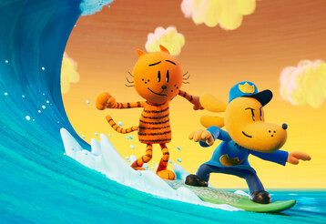 Filmszene, Animationsfilm, eine Katze und ein Hund beim Wellenreiten