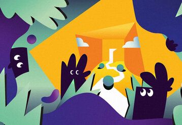 Grafik mit Figuren die hinter Bäumen hervorschauen