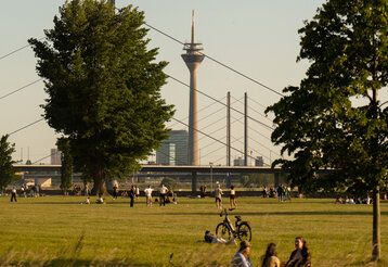 Leute auf der Düsseldorfer Rheinwiese, im Hintergrund Kniebrücke und Fernsehturm