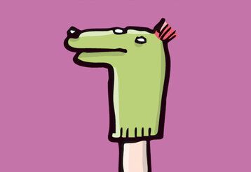 Illustration von der Sockenpuppe Keiner auf violettem Fond