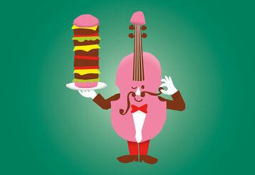 illustration einer Geige mit Armen und beinen, die einen sehr hohen Burger hält