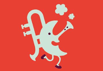 Familienmusikwoche Mond Plakatmotiv, Illustration eines Mischwesens aus Trompete, Klarinette und Halbmond, Hintergrund rot