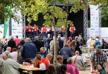 Menschen bei Open-Air-Veranstaltung, Musiker auf Bühne im Hintergrund