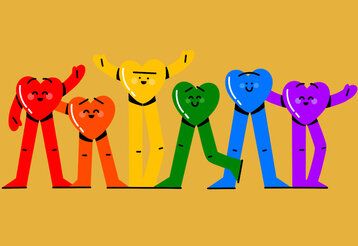 sechs Herz-Figuren mit Armen, Beinen und Gesichtern in Regenbogenfarben