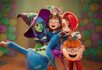 Szene aus dem Animationsfilm Monster Mia, Gruppenbild von verschiedenen gruseligen Gestalten, die lachen