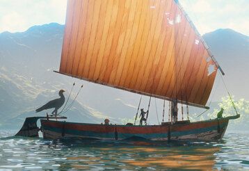 Szene aus dem Animationsfilm Flow, ein Segelboot schippert übers Wasser, an Bord sind Tiere