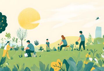 Illustration von Leuten, die in der Stadt gärtnern