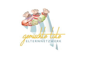 Illustration einer Gemischten Tüte mit Bonbons, Schriftzug Gemischte Tüte Elternnetzwerk darüber