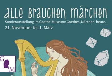 Schriftzug: Alle brauchen Märchen, Illustration einer Frau mit einer Harfe