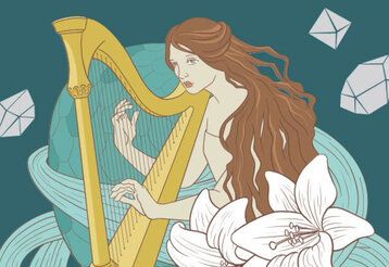 Illustration einer Frau, die Harfe spielt