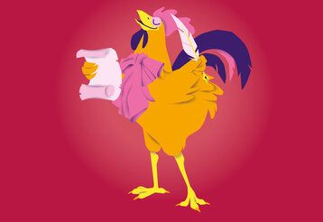 Illustration eines Hahnes, der eine Schriftrolle vor sich hält und eine Schreibfeder, Hintergrund: rote Fläche