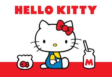 Hello Kitty-Figur sitzt mit Goldfischglas und Trinkflasche