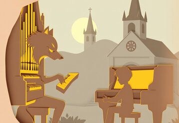Scherenschnittartige Illustration von Peter und der Wolf