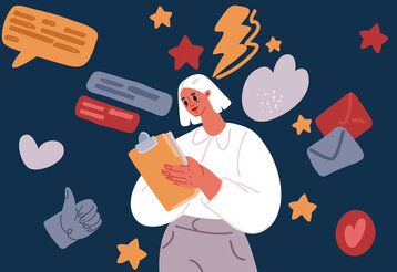 Vector-Illustration, Frau macht sich Notizen, um sie herum Symbole