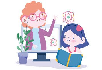 Vector-Illustration Mädchen lernt online und mit Buch, Lehrerin guckt aus dem Bildschirm