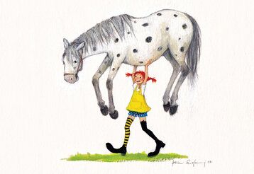Pippi Langstrumpf hebt das Pferd kleiner Onkel hoch und trägt es lachend